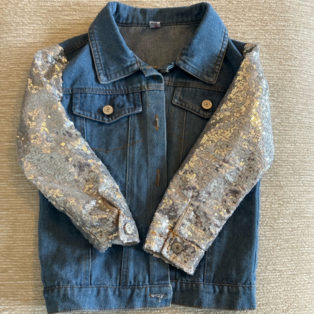 Kids Denim Jean Jacket with Silver Sequin Sleeves